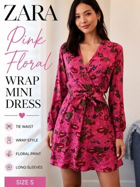 ZARA Floral Satin Feel Mini Dress | Bright Pink Statement Dress 💕💚💕